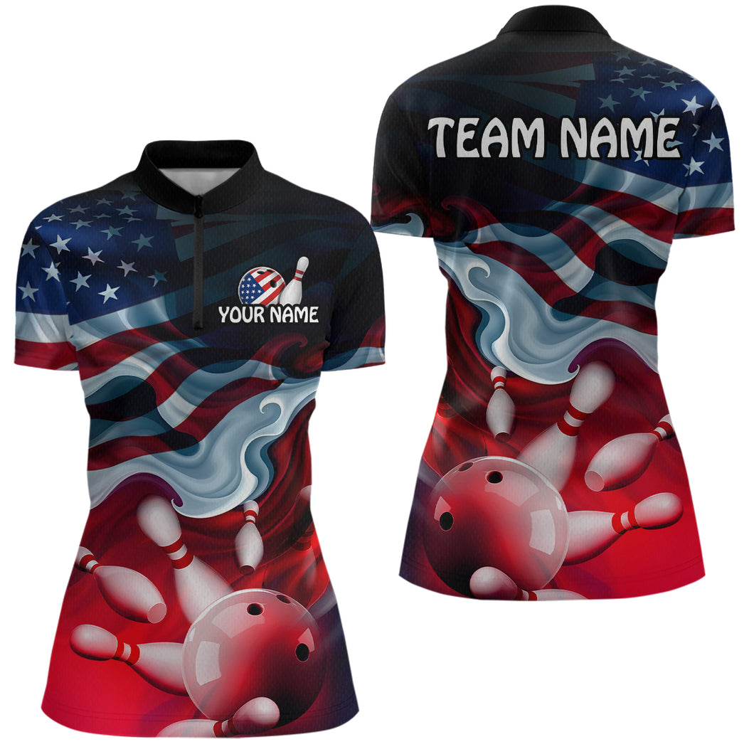 Personalized American Flag Bowling Quarter Zip Shirts For Women Custom Bowling Pattern Team Jersey 1/4 Zip Shirts YYD0021