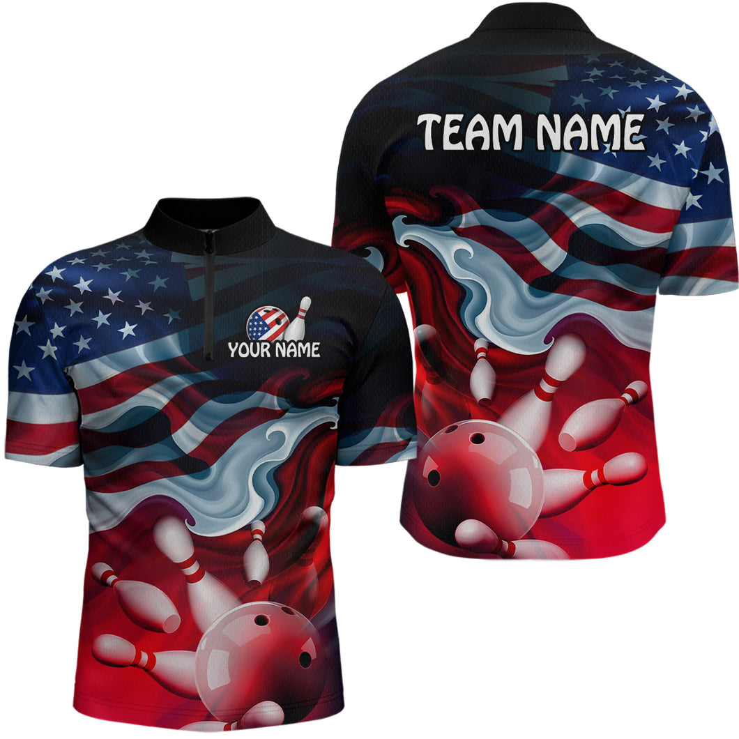 Personalized American Flag Bowling Quarter Zip Shirts For Men Custom Bowling Pattern Team Jersey 1/4 Zip Shirts YYD0021