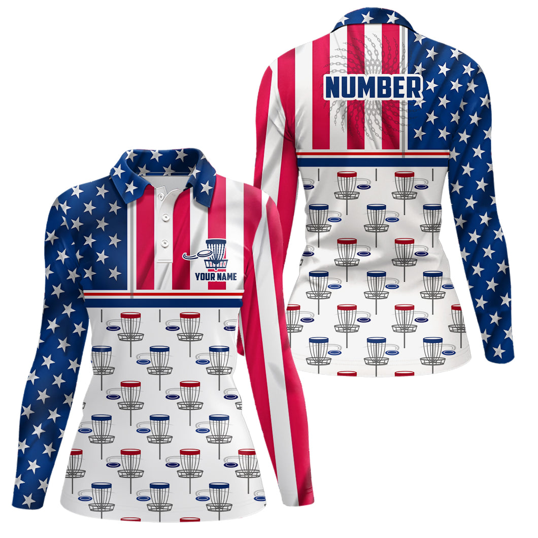 Disc Golf American Flag Womens Disc Golf Polo Shirt Custom Name And Number Disc Golf Gifts For Men YYD0023