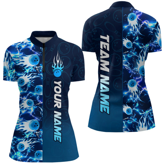 Bowling Quarter Zip Shirts For Women Custom Name Bowling Flame Lightning Team Jersey Shirt YYD0030