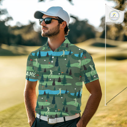 Golf Polo Shirts For Mens Custom Name, Golf Course Pattern Vintage Shirt Gifts YYD0031