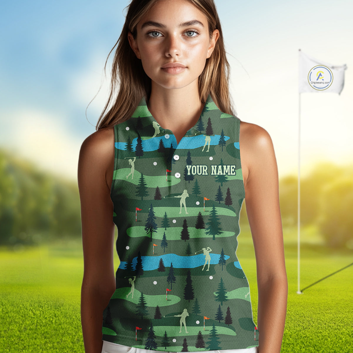 Golf Sleeveless Polo Shirts For Womens Custom Name, Golf Course Pattern Vintage Shirt Gifts YYD0031