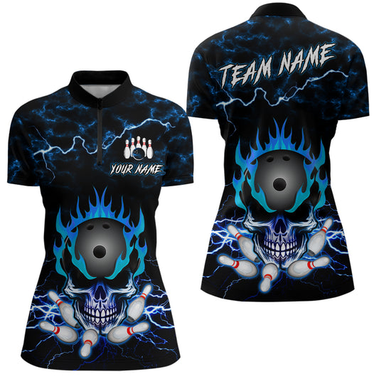 Blue Skull Fire Bowling Quarter Zip Shirts For Women Custom Name Bowling Team Jersey Shirt YYD0068
