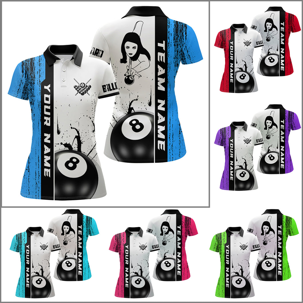 Ball 8 Grunge Ink Style Billiard Polo Shirts For Women Custom Name Billiard Shirt Colors YYD0069
