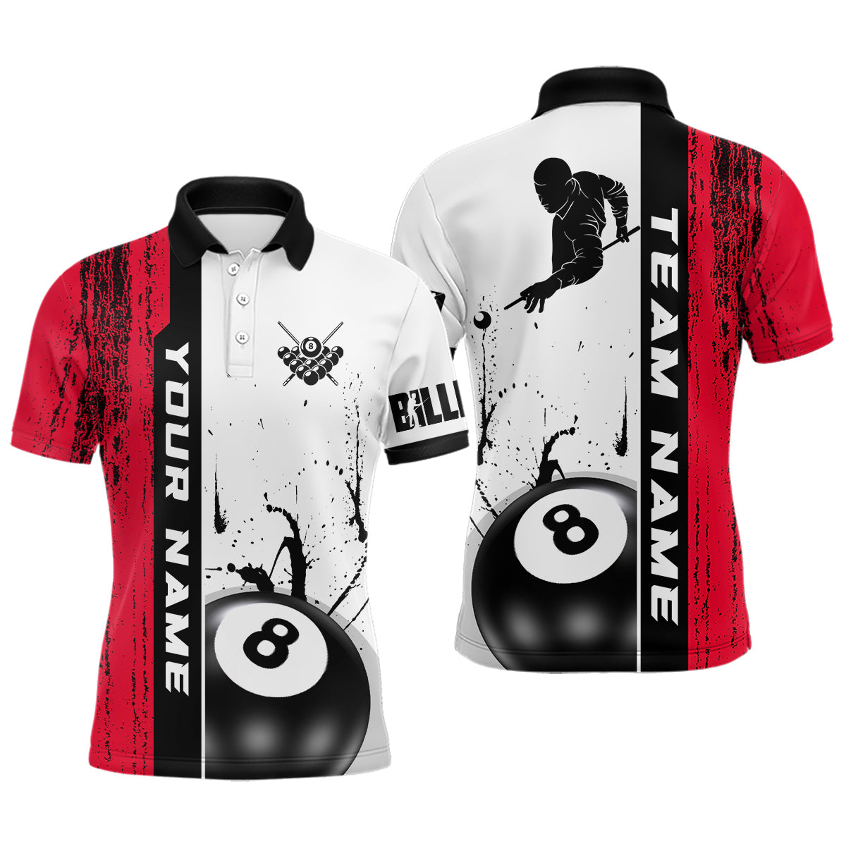 Ball 8 Grunge Ink Style Billiard Polo Shirts For Men Custom Name Billiard Shirt Colors YYD0069