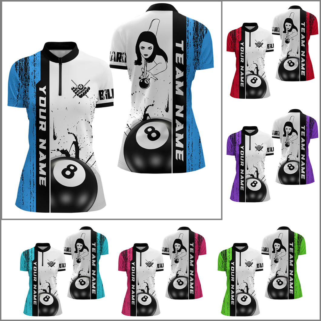 Ball 8 Grunge Ink Style Billiard Women Quarter-Zip Shirts Custom Name Billiard Shirt Colors YYD0069