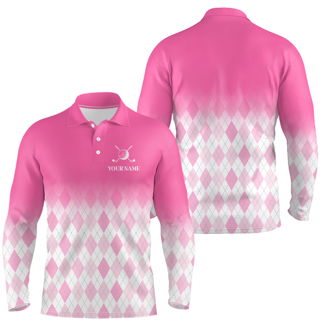 Argyle Pattern Golf Polo Shirts For Mens Custom Name, Golf Pattern Pink Shirt Gifts YYD0032