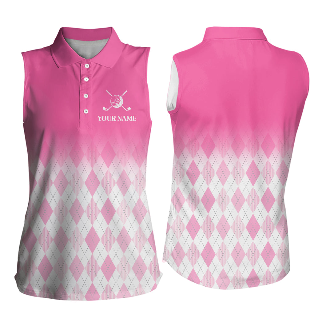 Argyle Pattern Golf Sleeveless Polo Shirts For Womens Custom Name, Golf Pattern Pink Shirt Gifts YYD0032