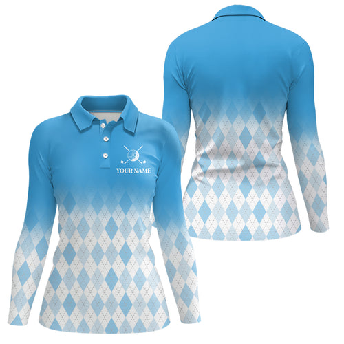 Argyle Pattern Golf Polo Shirts For Womens Custom Name, Golf Pattern Blue Shirt Gifts YYD0033