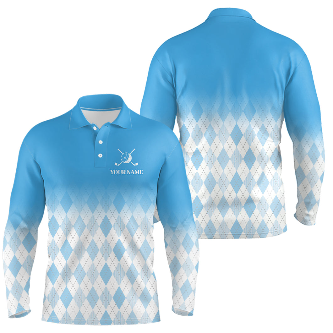 Argyle Pattern Golf Polo Shirts For Mens Custom Name, Golf Pattern Blue Shirt Gifts YYD0033