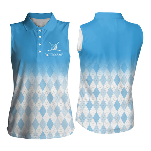 Argyle Pattern Golf Sleeveless Polo Shirts For Womens Custom Name, Golf Pattern Blue Shirt Gifts YYD0033