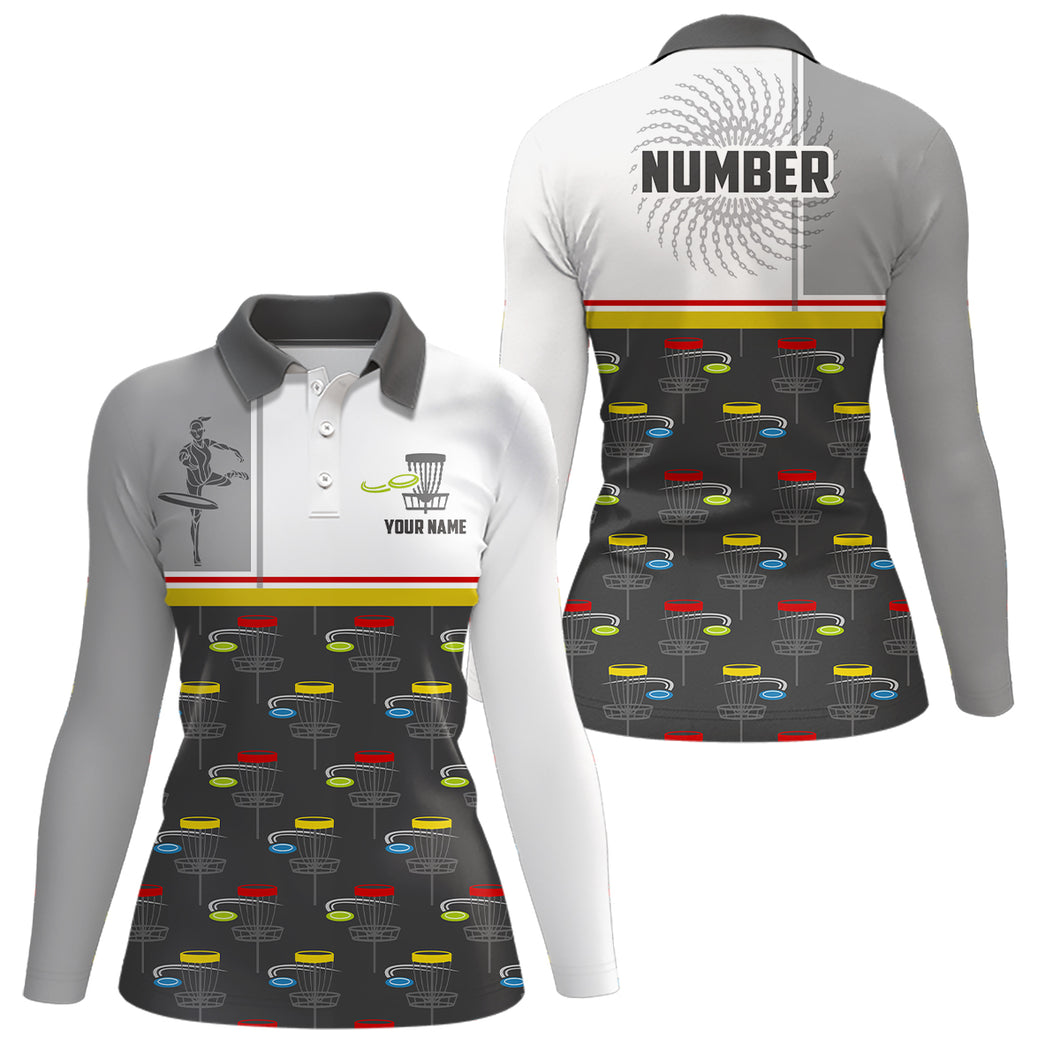 Disc Golf Basket Pattern Womens Disc Golf Polo Shirt Custom Name And Number Disc Golf Gifts For Woman YYD0035