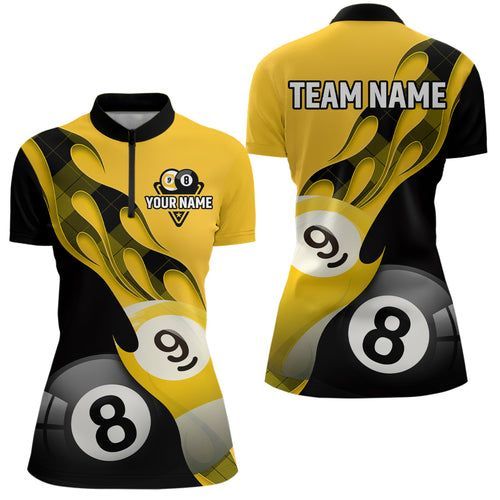 Personalized Flame 8 Ball & 9 Ball Billiard Women Quarter-Zip Shirts Custom Name Billiard Shirt Design YYD0034