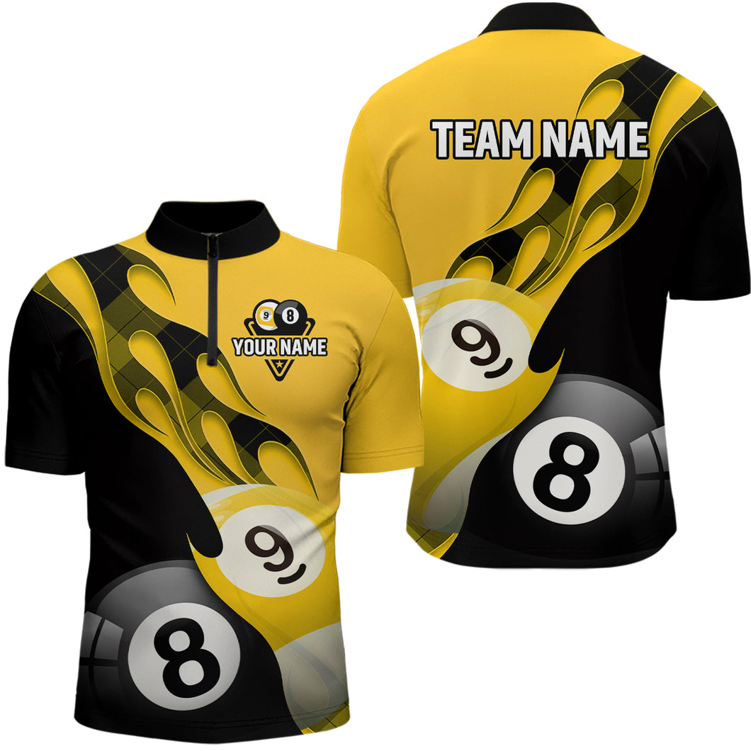 Personalized Flame 8 Ball & 9 Ball  Billiard Men Quarter-Zip Shirts Custom Name Billiard Shirt Design YYD0034