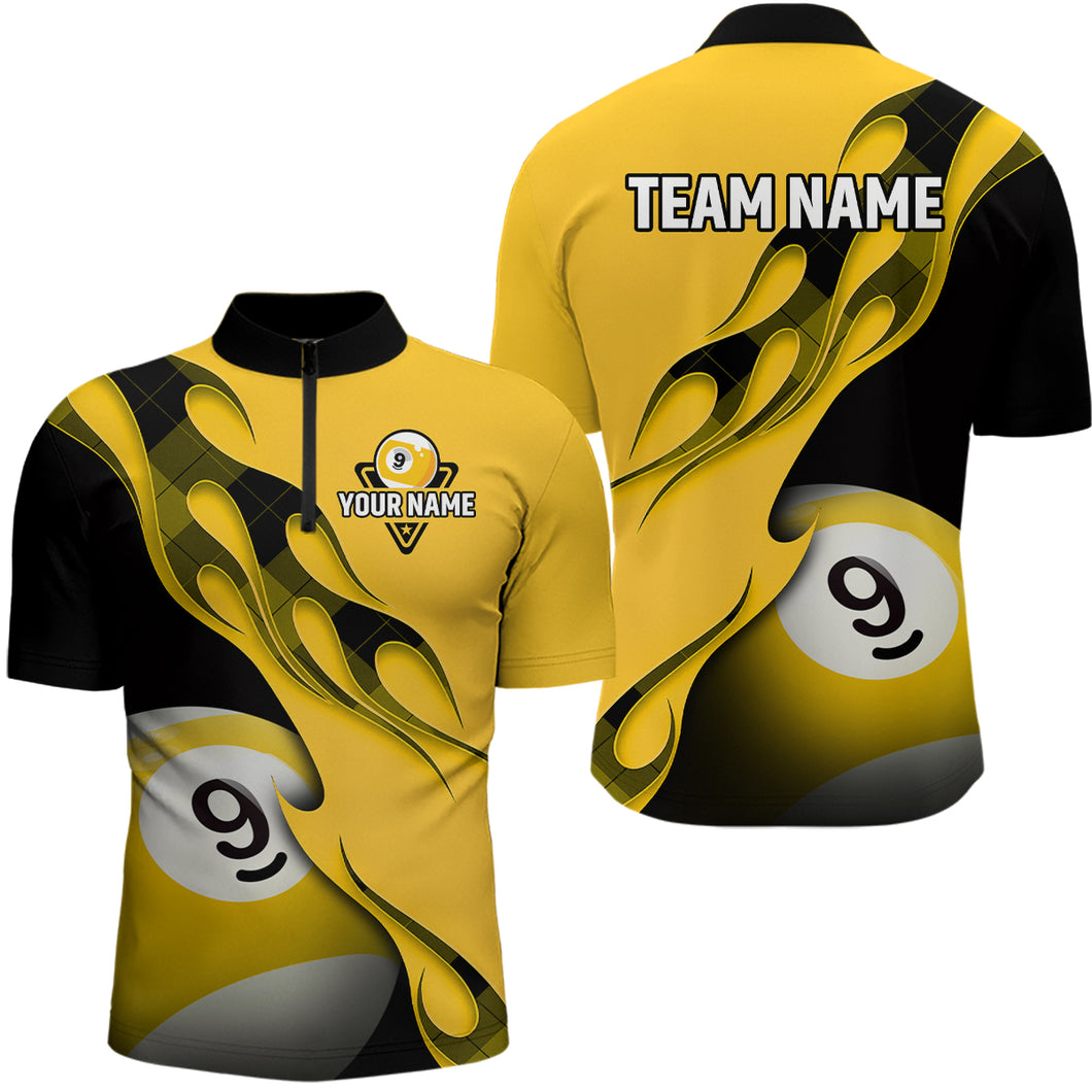 Flame Ball 9 Billiard Men Quarter-Zip Shirts Custom Name, Billiard Shirt Design YYD0076