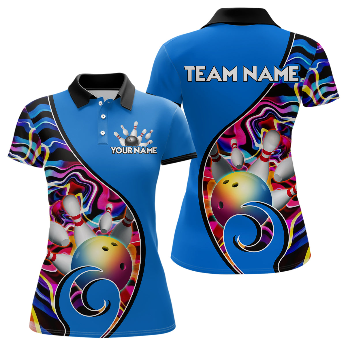 Custom Bowling Team Polo Shirts for Women - Personalized Abstract Colors Bowling Jersey YYD0080