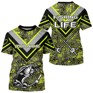 Personalized Bass Fishing Jerseys Shirts, Bass Fishing Camouflage Abstract Shirts Gift | Lime Green YYD0039