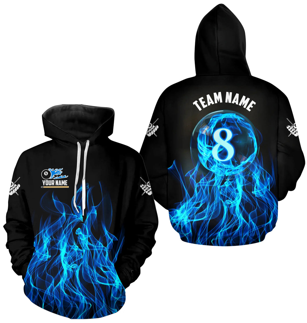 3D Blue Flaming 8 Ball Pool Hoodie For Men Women Custom Billiard Hoodie Pool Player Shirts Jerseys TDM1344