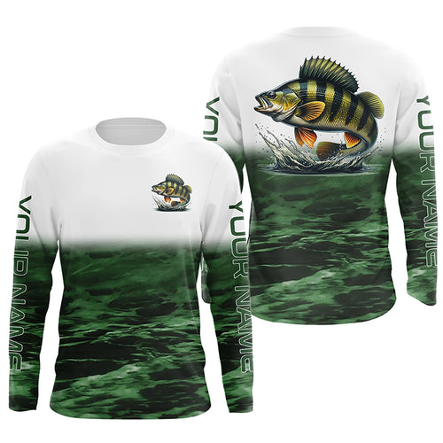 Perch Fishing Custom Long Sleeve Tournament Shirts, Performance Perch Fishing Jerseys | Green IPHW6302