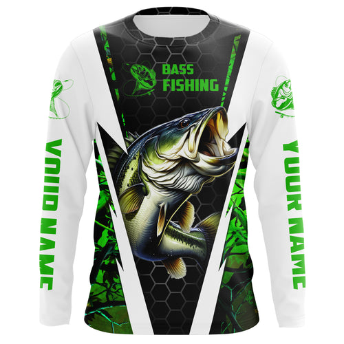 Personalized Bass Fishing jerseys, Bass Fishing Long Sleeve Fishing tournament shirts | green camo IPHW3680