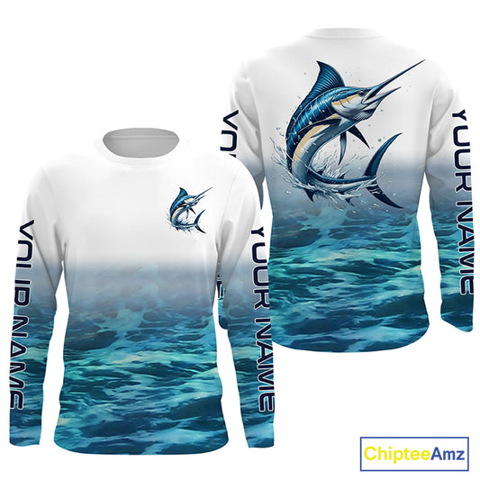 Marlin Fishing Custom Long Sleeve Performance Fishing Shirts, Marlin Saltwater Fishing Shirt IPHW6325