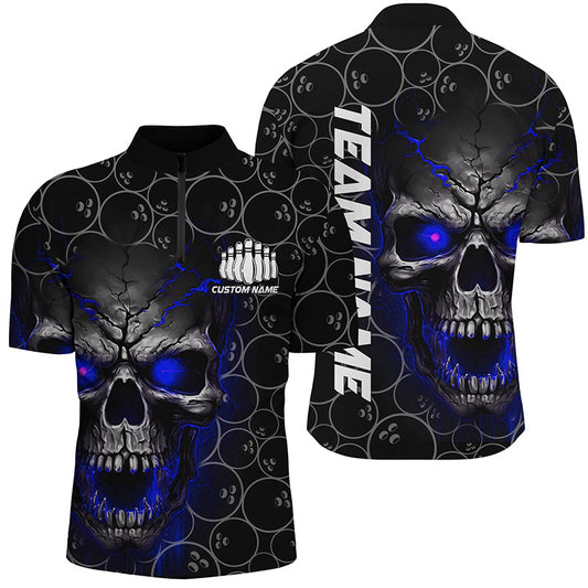 Custom Blue Skull Bowling Polo Shirts For Men, Bowling Pattern Bowling Team Jerseys IPHW5235