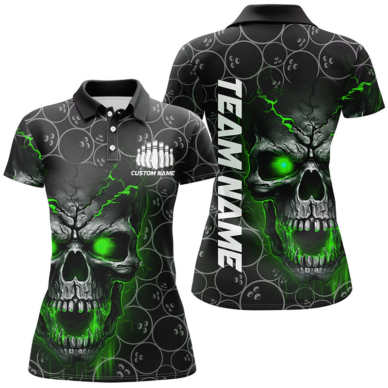 Custom Green Skull Bowling Polo Shirts For Women, Bowling Pattern Bowling Team Jerseys IPHW5236