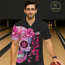 Load image into Gallery viewer, Pink Sugar Skull Tattoo Custom Men Bowling Hawaiian Shirts, Halloween Team Bowling Jerseys IPHW5243