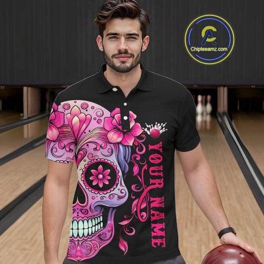 Pink Sugar Skull Tattoo Custom Unisex Team Bowling Polo Shirts, Halloween Team Bowling Jerseys IPHW5243