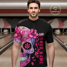 Load image into Gallery viewer, Pink Sugar Skull Tattoo Custom Unisex Bowling Quarter Zip Shirts, Halloween Team Bowling Jerseys IPHW5243