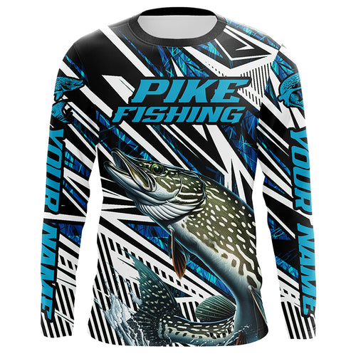 Pike Fishing Custom Long Sleeve Shirts, Blue Camo Pike Tournament Fishing Jerseys For Men And Women IPHW6089