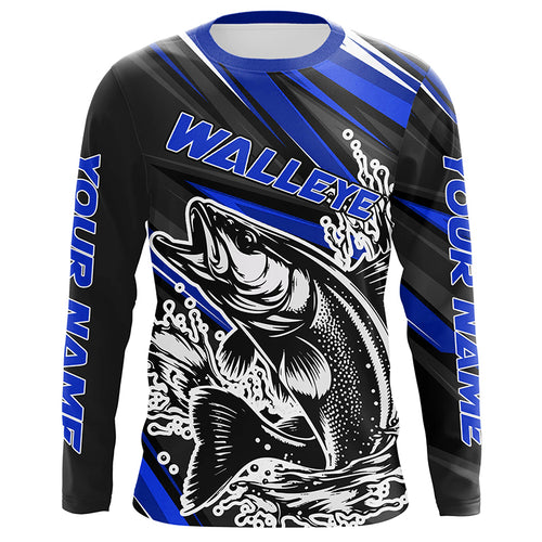 Personalized Walleye Fishing Jerseys, Walleye Fishing Long Sleeve Tournament Fishing Shirts | Blue IPHW5788