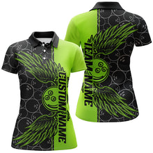 Load image into Gallery viewer, Black And Green Custom Ladies Bowling Tournament Team Shirts, Bowling Ball And Wings Jerseys IPHW6448