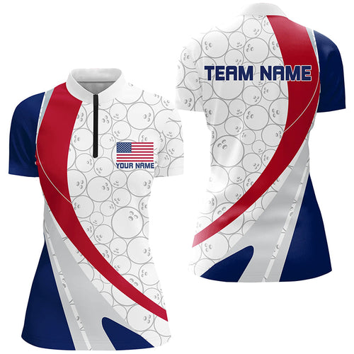 Custom Patriotic Bowling Shirts For Women, Red White And Blue Bowling Quarter Zip Shirts IPHW6835