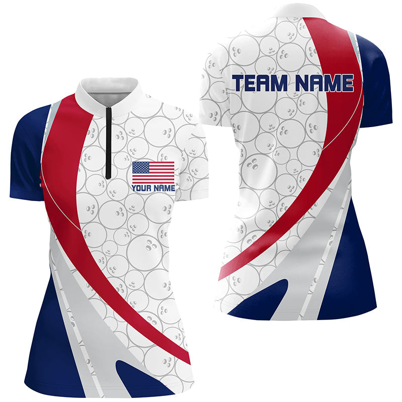 Custom Patriotic Bowling Shirts For Women, Red White And Blue Bowling Quarter Zip Shirts IPHW6835
