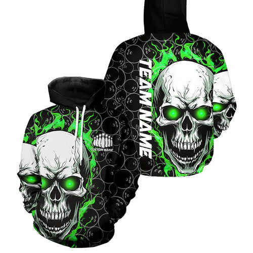 Custom Green Flame Skull Bowling Shirts For Men And Women, Bowling Team Hoodie Bowling Shirts IPHW5008