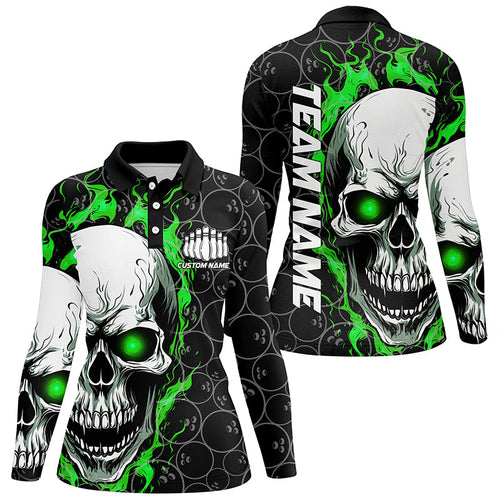 Custom Green Flame Skull Bowling Shirts For Women, Bowling Team Long Sleeve Bowling Shirts IPHW5008