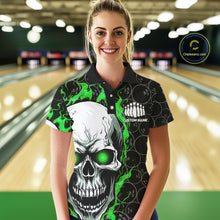 Load image into Gallery viewer, Personalized Skull Bowling Shirt For Women Custom Team'S Name Flame Bowler Jerseys |  Green IPHW5008