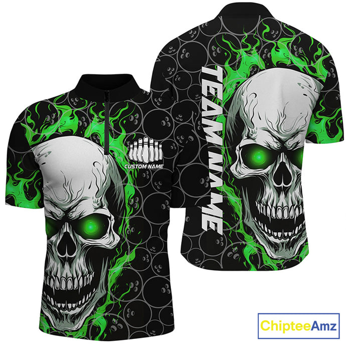 Personalized Skull Bowling Shirt For Men Custom Team'S Name Flame Bowler Jerseys | Green IPHW5008