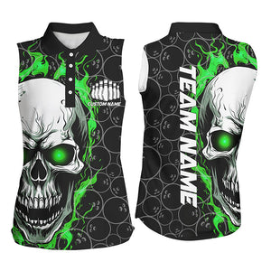 Custom Green Flame Skull Bowling Shirts For Women, Bowling Team Sleeveless Bowling Shirts IPHW5008