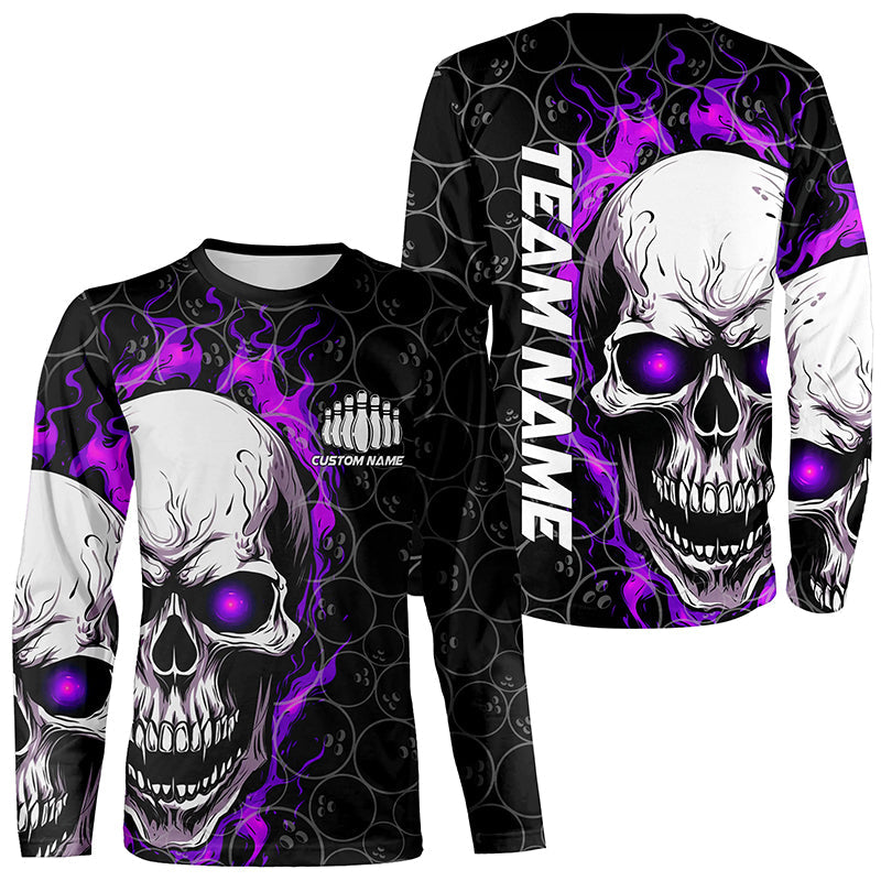 Custom Purple Flame Skull Bowling Shirts For Men And Women, Bowling Team Long Sleeve Bowling Shirts IPHW5009