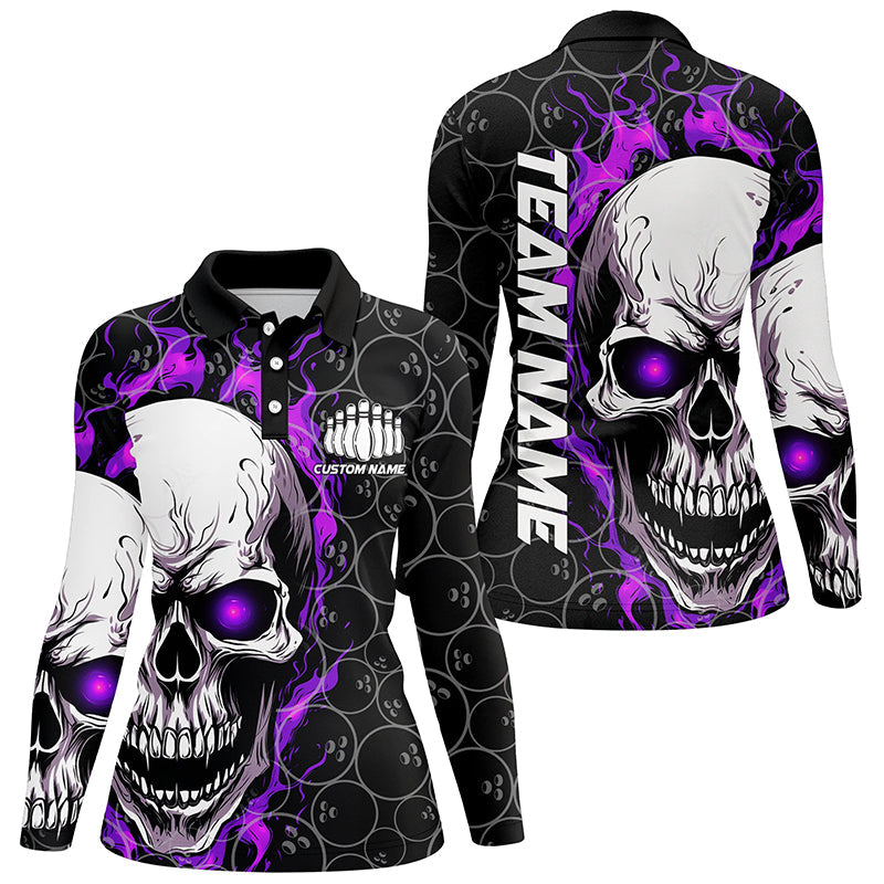 Custom Purple Flame Skull Bowling Shirts For Women, Bowling Team Long Sleeve Bowling Shirts IPHW5009