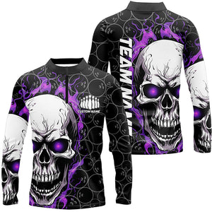 Custom Purple Flame Skull Bowling Shirts For Men, Bowling Team Long Sleeve Bowling Shirts IPHW5009