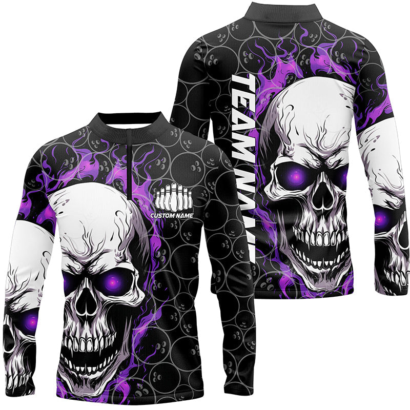 Custom Purple Flame Skull Bowling Shirts For Men, Bowling Team Long Sleeve Bowling Shirts IPHW5009