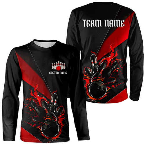 Red And Black Custom Flame Bowling Shirt For Men And Women, Long Sleeve Bowling Team Shirts With Name IPHW6185