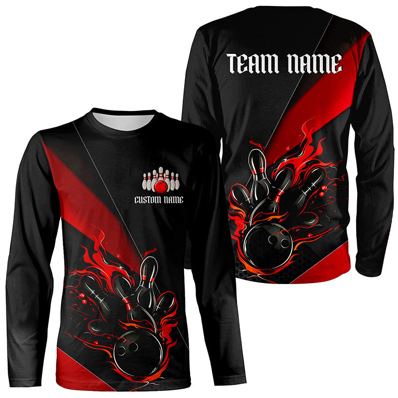 Red And Black Custom Flame Bowling Shirt For Men And Women, Long Sleeve Bowling Team Shirts With Name IPHW6185