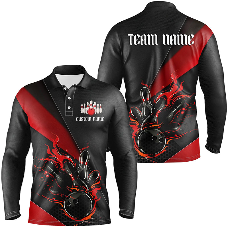 Red And Black Custom Flame Bowling Shirt For Men, Long Sleeve Bowling Team Shirts With Name IPHW6185