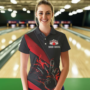 Black And Red Custom Name Bowling Tournament Jerseys For Women, Bowling Team Shirts IPHW6185