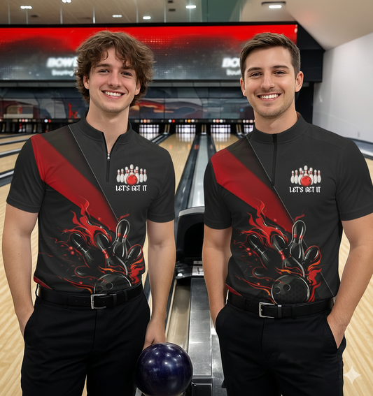Black And Red Custom Name Bowling Tournament Jerseys For Men And Women, Bowling Team Shirts IPHW6185