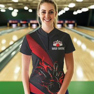 Black And Red Custom Name Bowling Tournament Jerseys For Women, Bowling Team Shirts IPHW6185